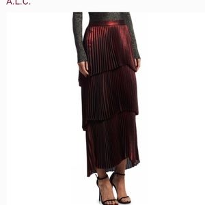 ALC Metallic Burgundy Red Pleated Maxi Skirt